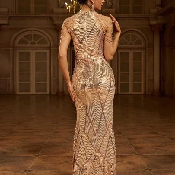 Missord - Cold Shoulder Beads Chain Cocktail Dress M01081 - Picture 4 of 6